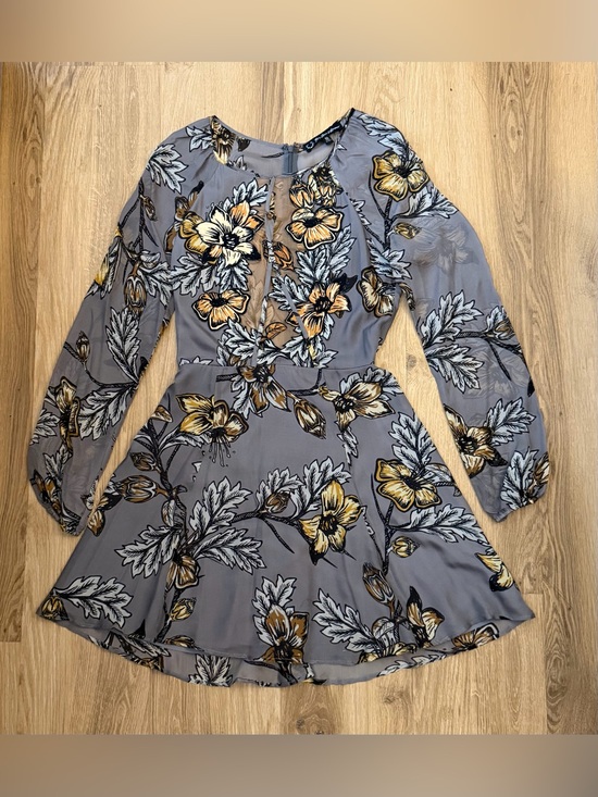 For Love And Lemons Dresses & Skirts - Floral Long-Sleeve Fit & Flare Dress in Grey and Mustard